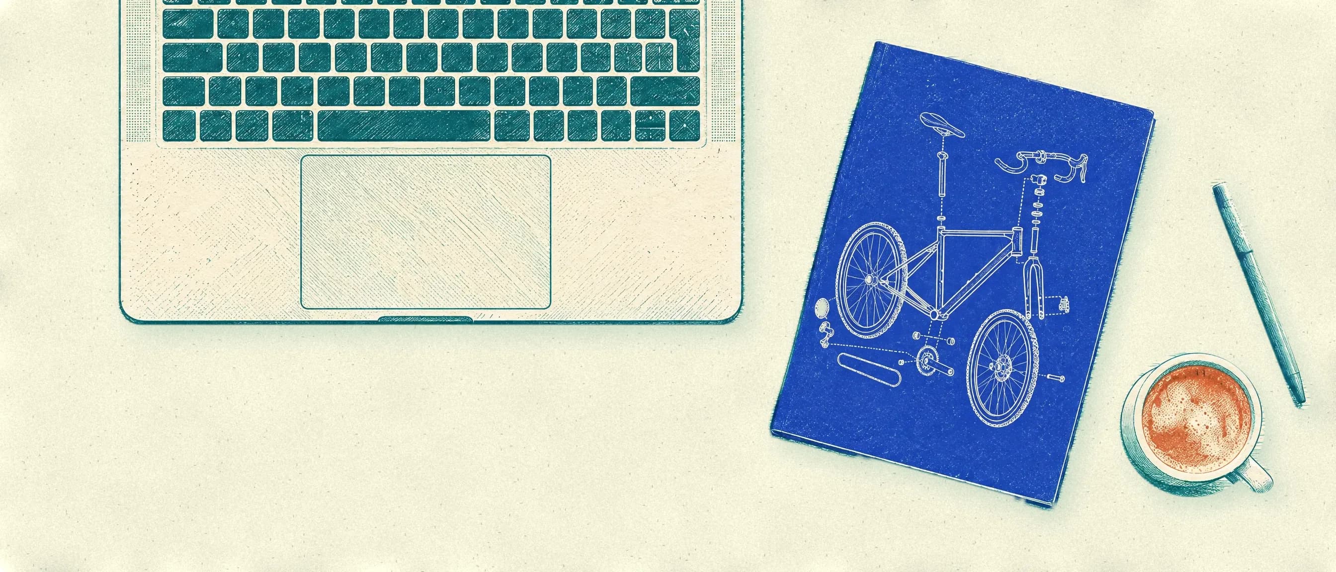 An ink-print drawing of an oak desk seen from above: an open laptop, a closed book with a bicycle blueprint on its blue cover, a pen and a cup of coffee.