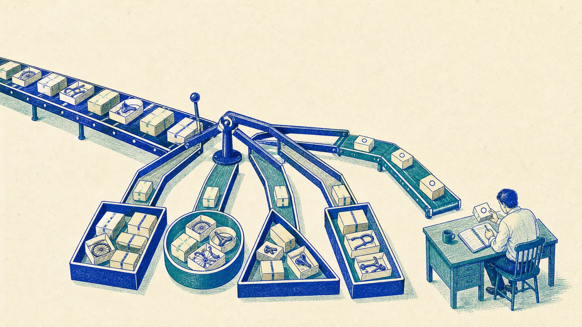 Illustration of a conveyor of boxed bicycle parts passing a sorting gate that routes most boxes into four trays and sends a few marked boxes to a planner at a desk