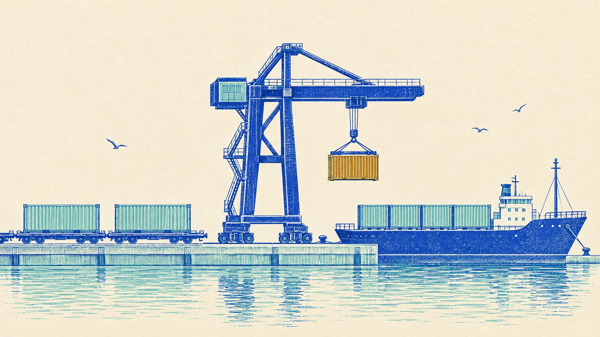 Illustration in side view of a 1950s harbour quay where a gantry crane lowers one ochre container, between a freight train and a small ship carrying identical containers