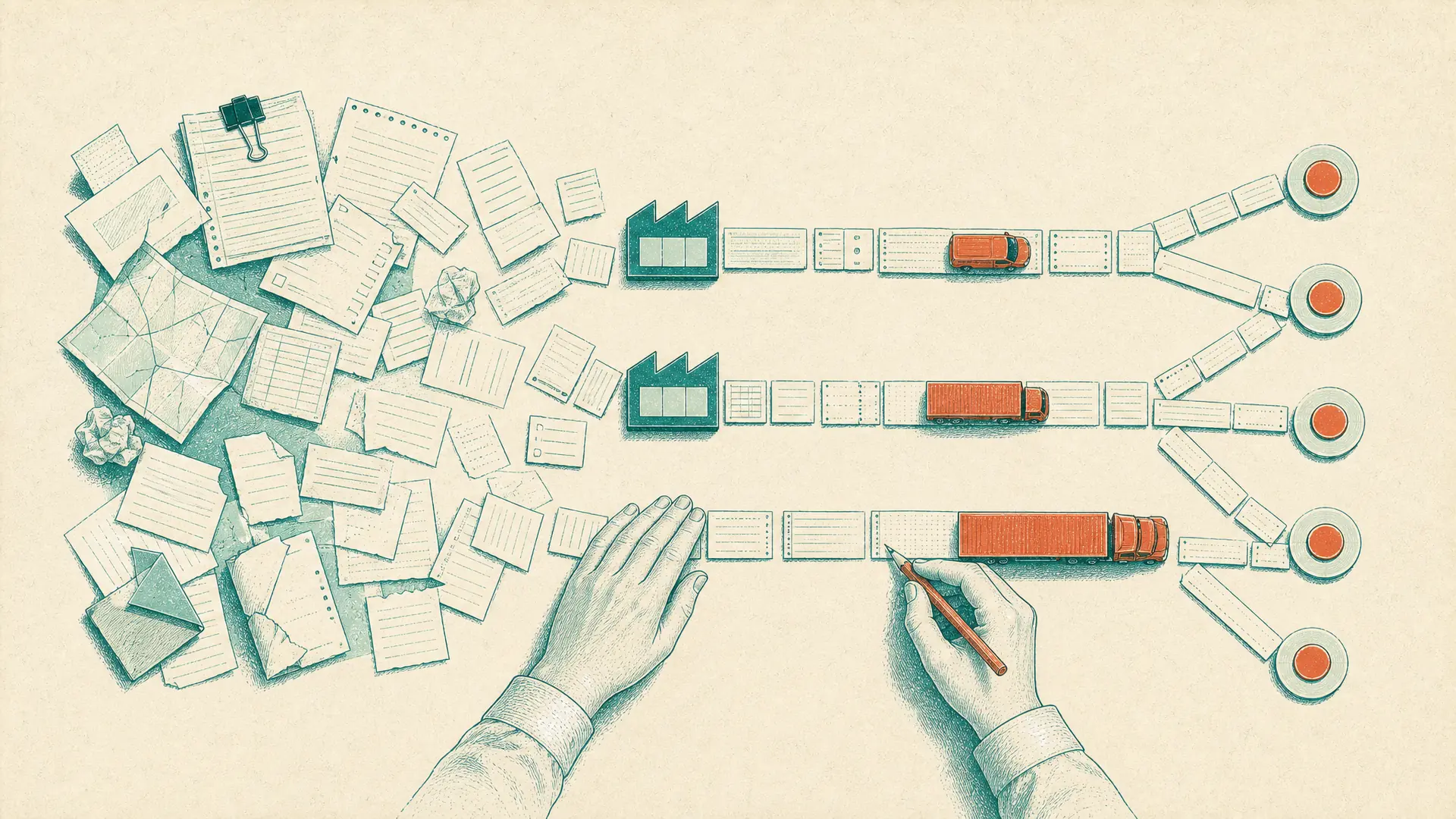 Illustration seen from above of scattered, mismatched paperwork whose scraps line up into tidy lanes linking two factories to five hubs, with a van and two lorries on the lanes and two hands setting the last strip in place