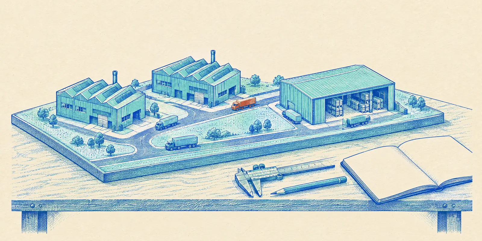 Illustration of a scale model of a small company on a workbench: two factories and a warehouse linked by roads with miniature lorries, beside a pair of callipers, a pencil and an open notebook